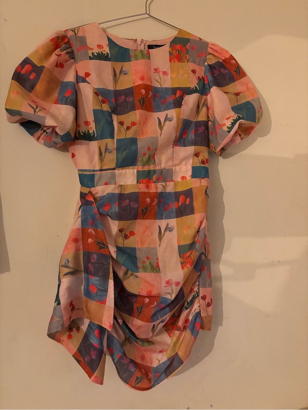 Floral Check Puff-Sleeve Mini Dress in Multicolor